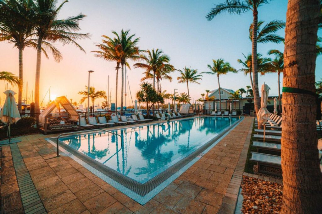 gorgeous sunsetting over a great pool at one of the hotels in the Lower Keys! one of the best things to do in the Lower Keys!