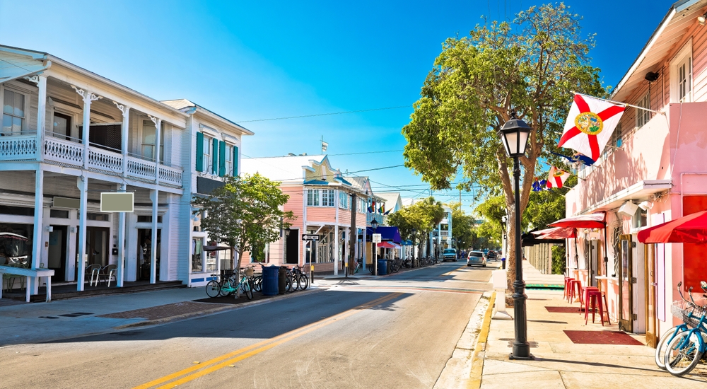 Key West famous Duval street panoramic view, south Florida Keys. Colorful houses line the streets 