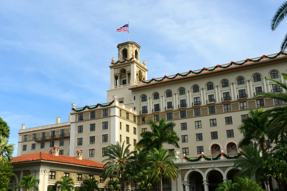 The exterior of the historic Breakers Hotel, a Gilded-Age building, in Palm Beach Florida