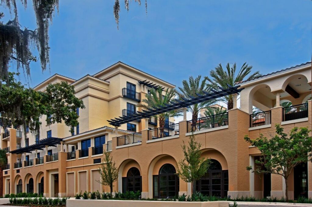 An overcast shot of the exterior of the Alfond Hotel, where to stay in Orlando for a good time! 