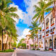 Looking down Worth Avenue on a bright sunny day, one of the best things to do in Palm Beach