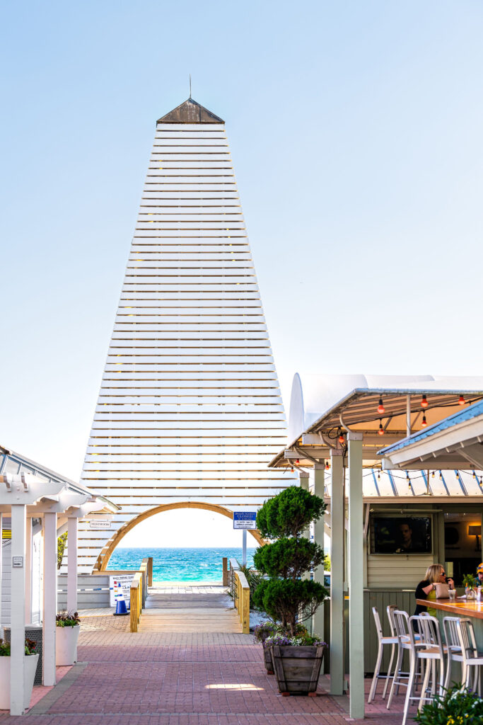 tall white art structure leading to one of the nicest beaches in North Florida 