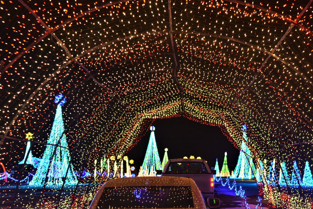 Cars going under a light tunnel with light trees on the other side.