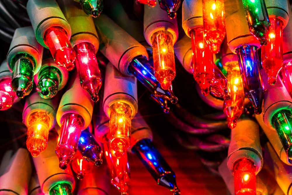 Close up of a pile of multicolored Christmas lights.