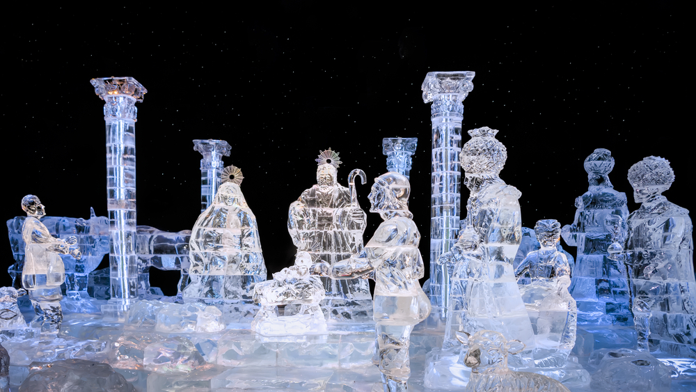 A nativity scene made of ice.