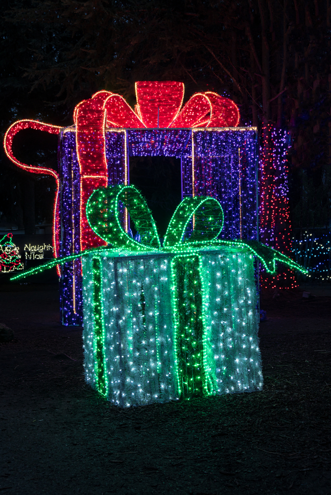 Christmas presents made of colorful lights at night.