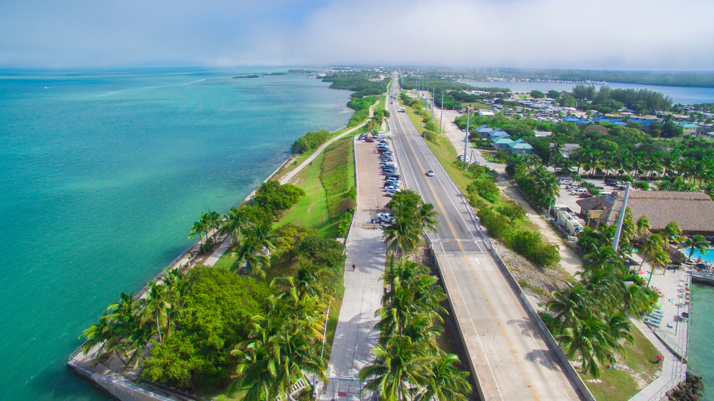 aerial view of a road surrounded by ocean on one side and the buildings and trees on the other side