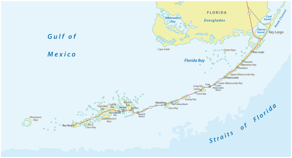 realistic view of a florida overseas highway map from miami to key west