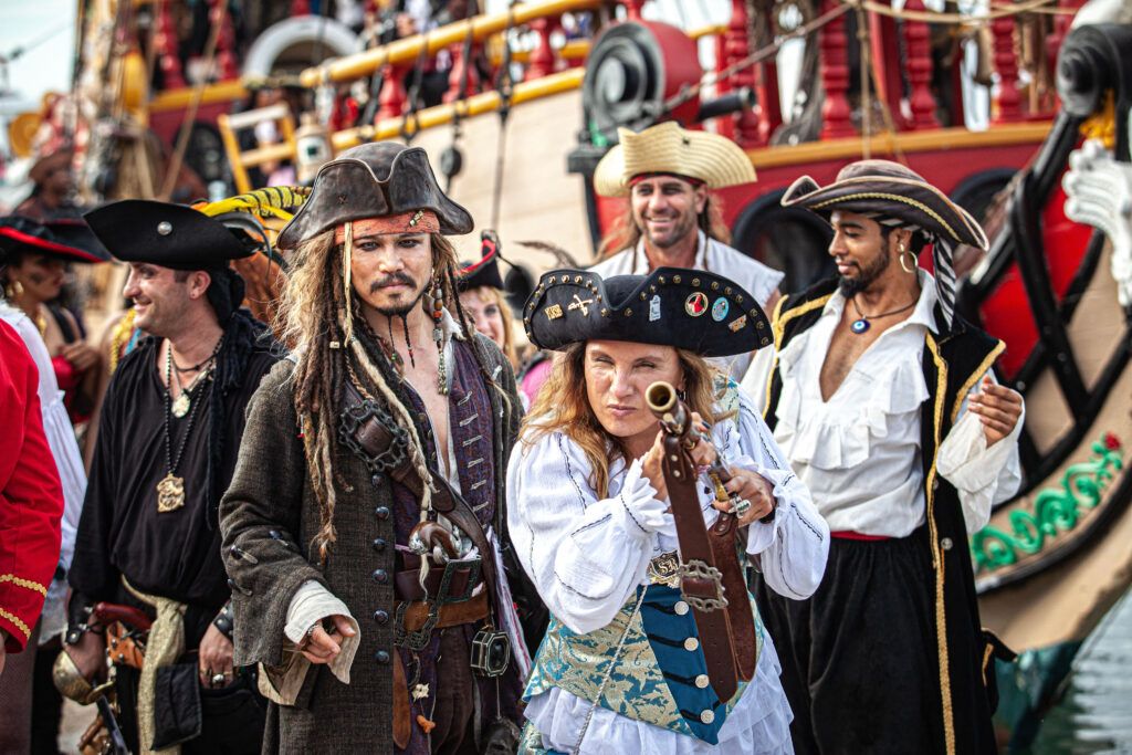 Group of pirates gather to celebrate festival aboard a large ship