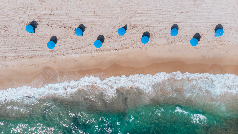 An aerial view of blue beach umbrellas spread out in the sand with a blue wave in may in Florida