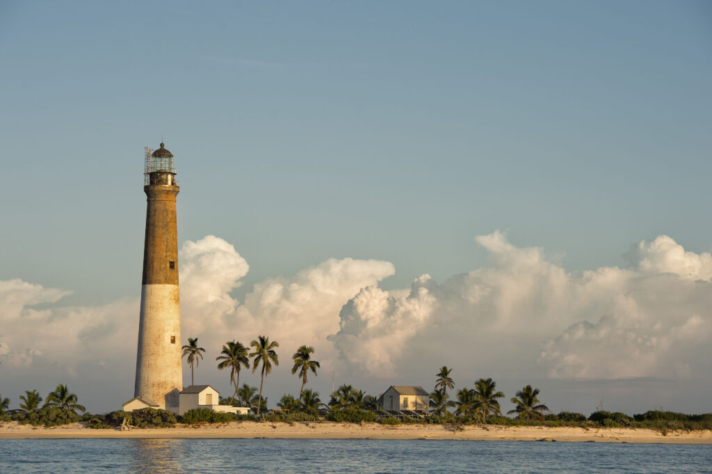 Light house rises above the palm lined coast on Floridas warmest beach in January