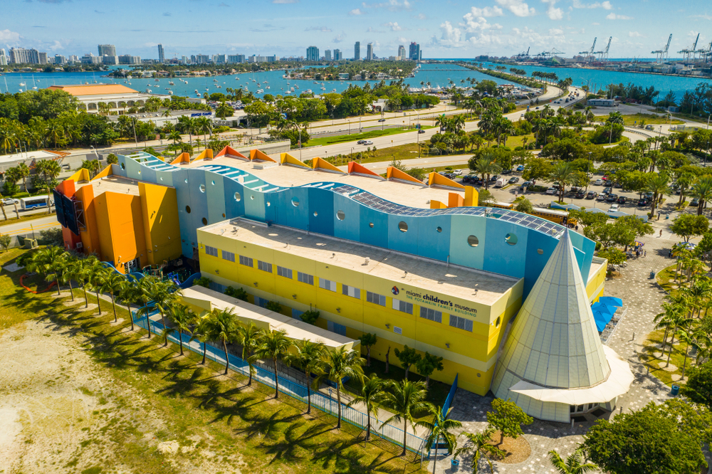An aerial view of the multi-colored and shaped Miami Childrens Museum