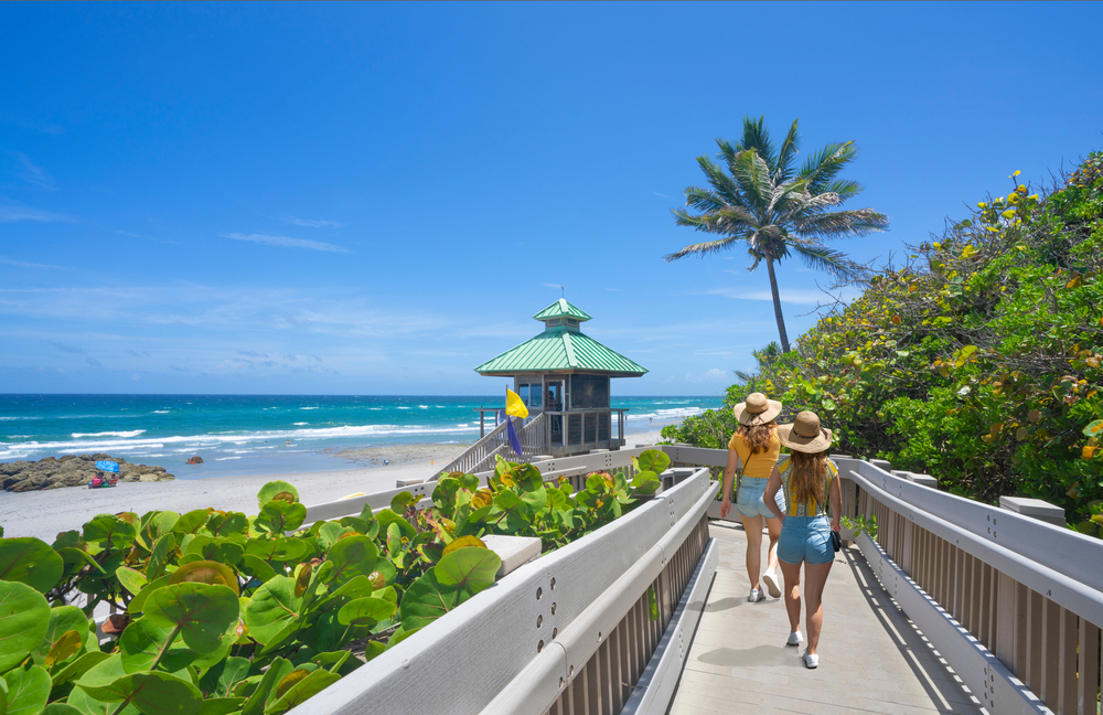 women walking down a boardwalk with a clear blue sunny sky with palm trees