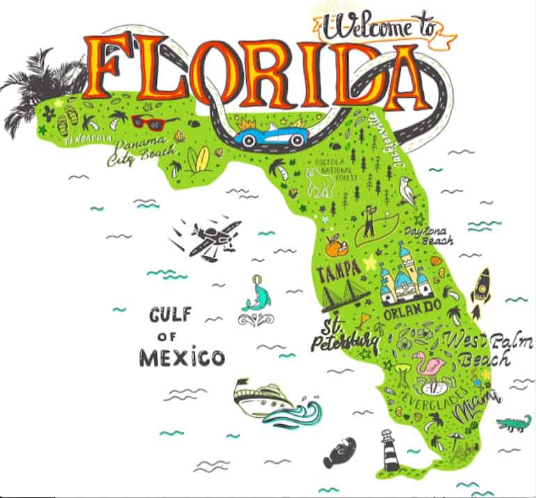 a graphic of the state of florida with all the cities