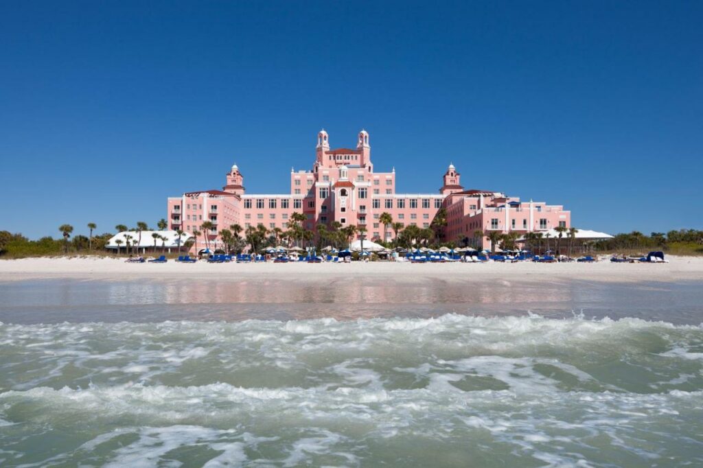 The large pink Art Deco hotel on the shores of the ocean that is one of the most popular choices for where to stay in Tampa Fl