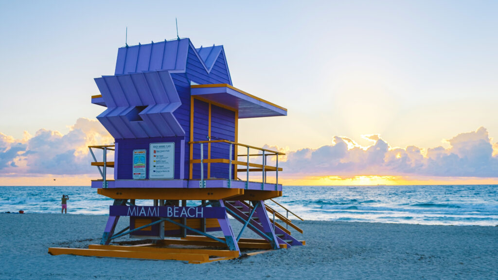 Cool lifeguard station on Miami Beach with a beautiful sunrise