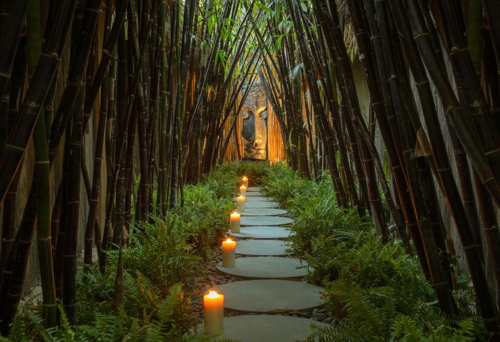 the bamboo walkways are covered with lighting and stone steps to the buddah face