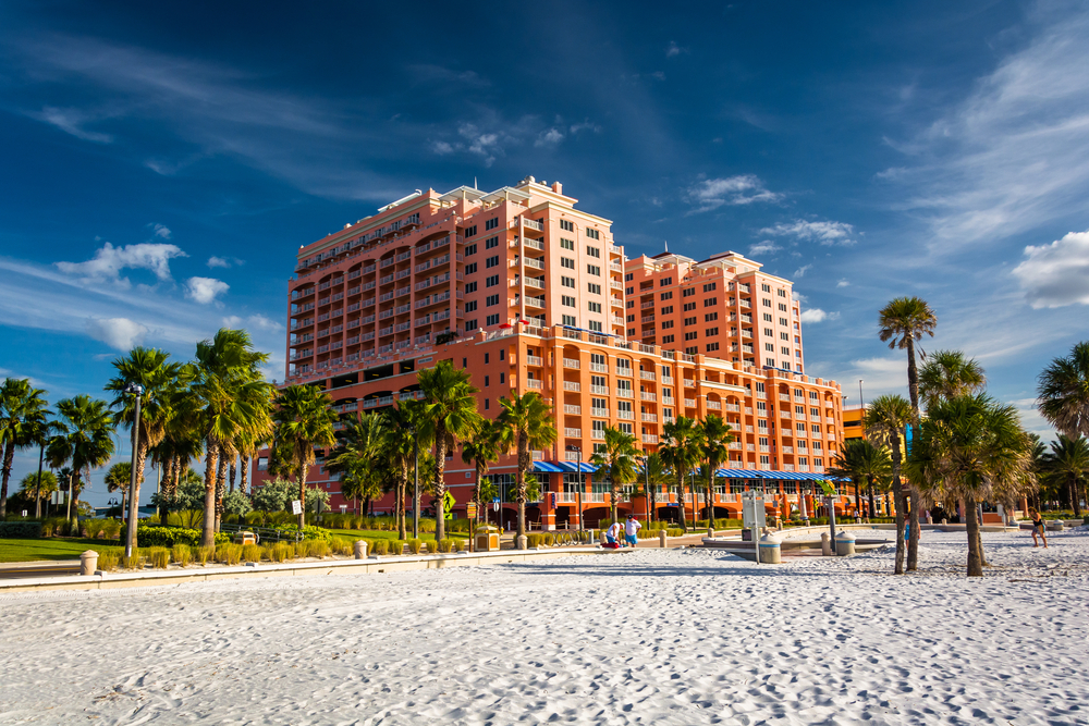 Large hotel and palm trees on the beach in Clearwater Beach, Florida.