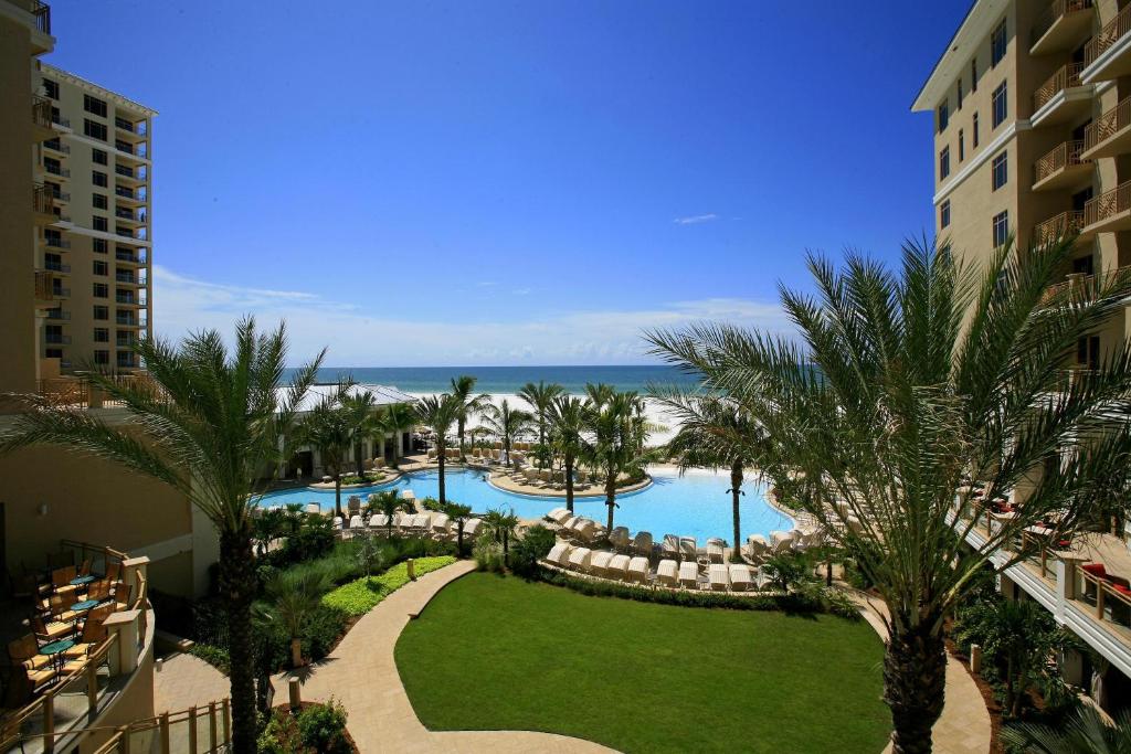 A hotel swimming pool viewed from one of the rooms. It is a large free form pool surrounded by palm trees. 