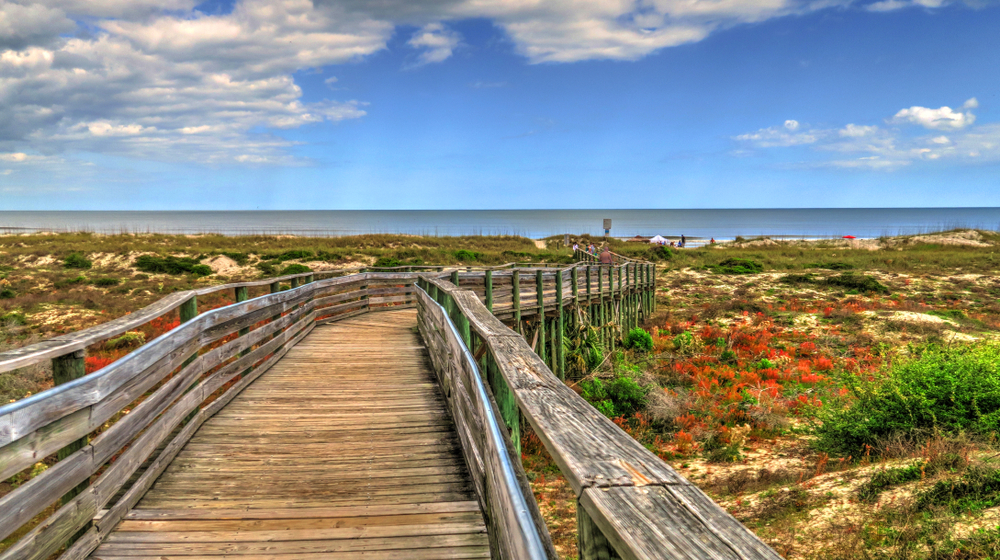 The beaches of Amelia Island in Florida in October are less crowded-- as seen in this picture-- and feature some of that "fall" presence. This photo shows a boardwalk with lots of greens and red plants that lead to white sand and blue waters. 