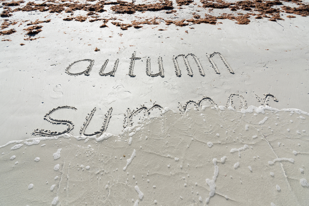 Waves on the shore was away the word "Summer" and reveal "autumn" as it is carved into the sand, representing Florida in October. 