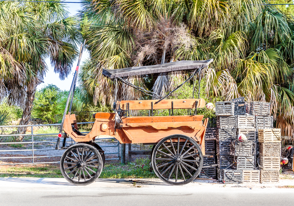 An old, orange horse carriage sits in front of a pile of lobster creates in Cedar Key, FL.