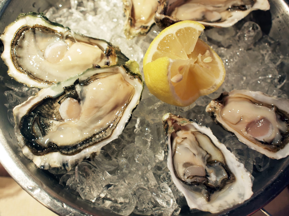 Half a dozen oysters sits on a bed of ice, with a lemon slice in the middle, like those served at The Boathouse, one of the best restaurants in Orlando for seafood.