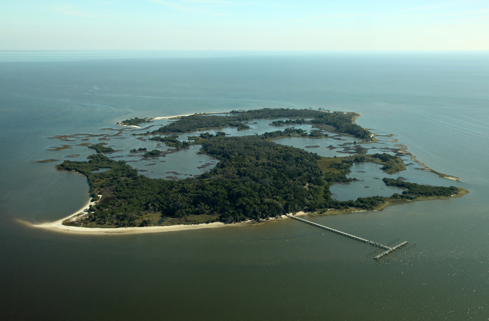 An overhead shot of Astena Otie, an abandoned island, kayaking to which is one of the best things to do in Cedar Key, FL.