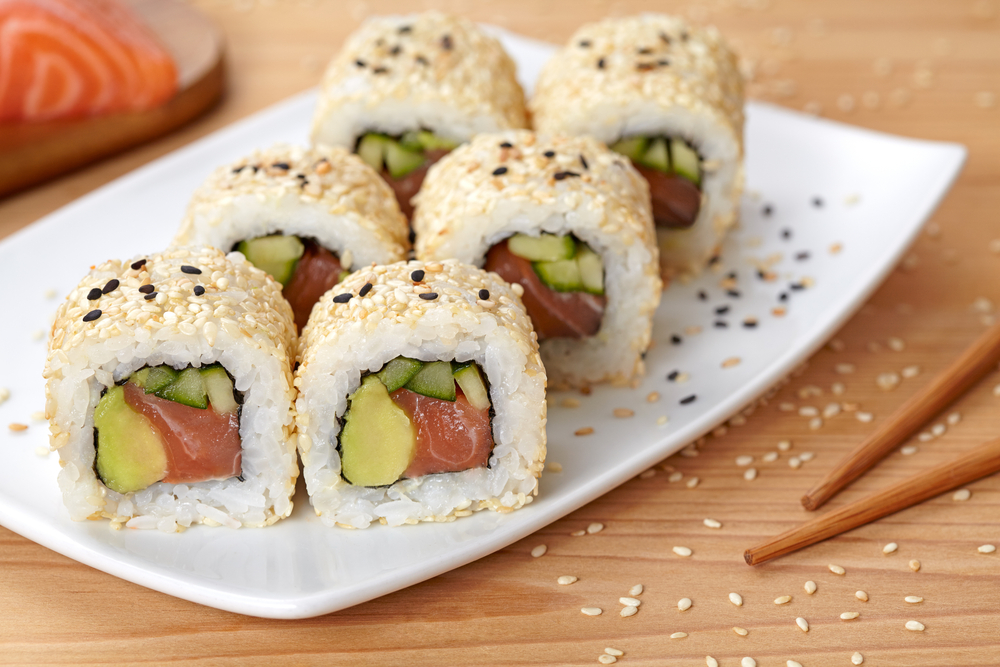 A plate of California sushi rolls.