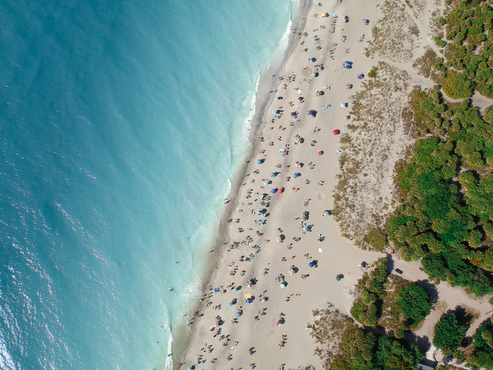 Aerial view of beaches with people beaches in venice