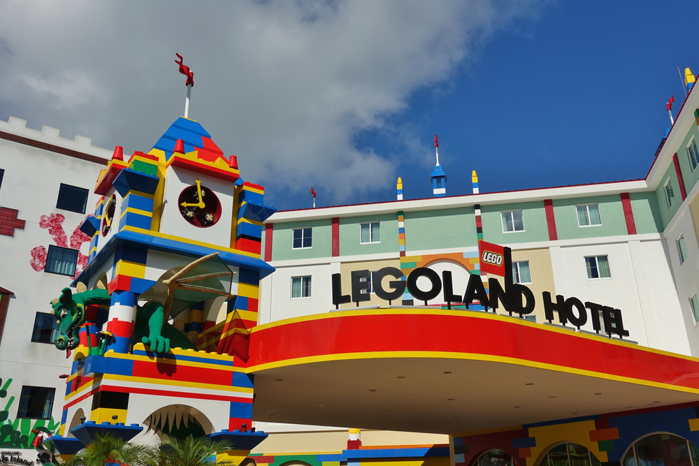 View of an on-site hotel at the Legoland Florida Resort theme park in Orlando, Florida, shaped with Lego minifigures.