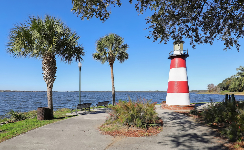 Mount Dora Lighthouse located at the Port of Mount Dora in Grantham Point Park, Florida, a popular tourist destination.