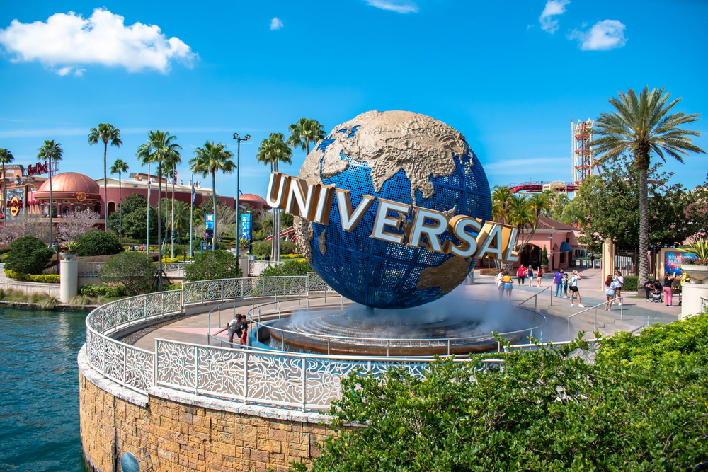 Father and son taking photo next to world sphere at Universals Citywalk.