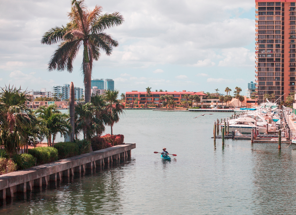 a man  in a teal kayak with hat in Miami with palm trees, boats, and the miami skyline in the background 