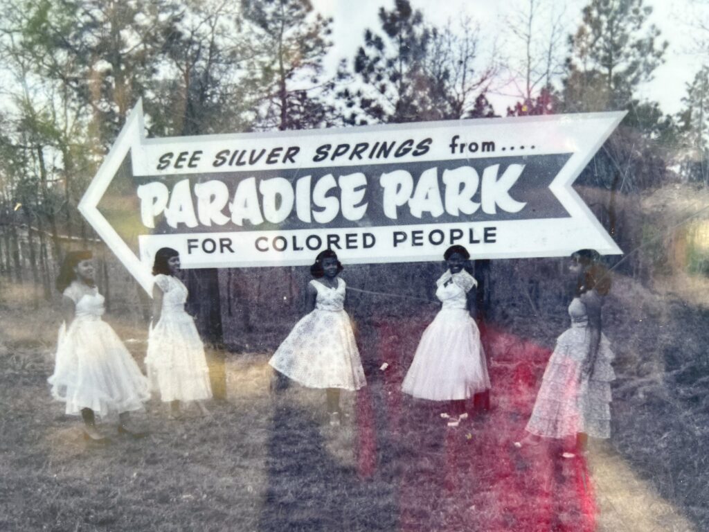 The Silver Springs state park has a long and complicated history, as shown in this photo, which features a sign that says "see silver springs from paradise park, for colored people." 