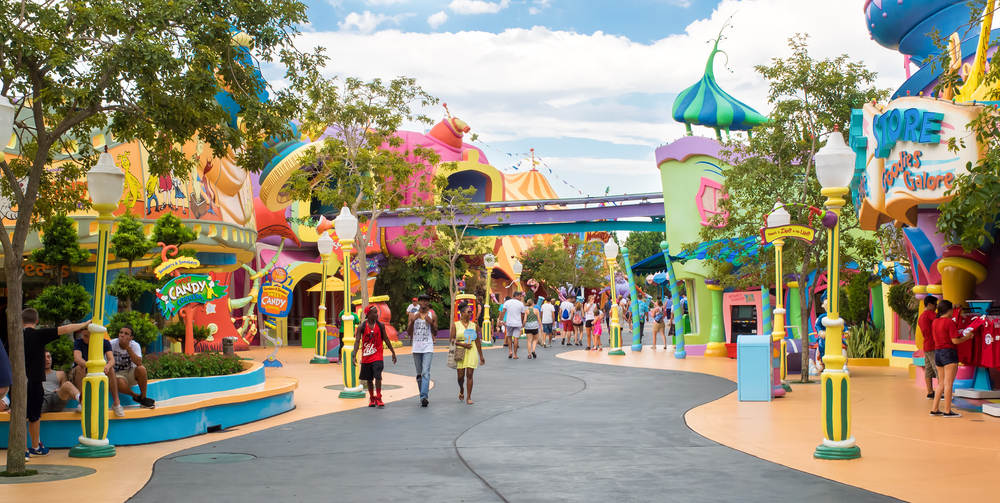 Guest wander around Seuss land in Universal Studios, Orlando. Easy access to theme parks is a great perk to living in FL. 