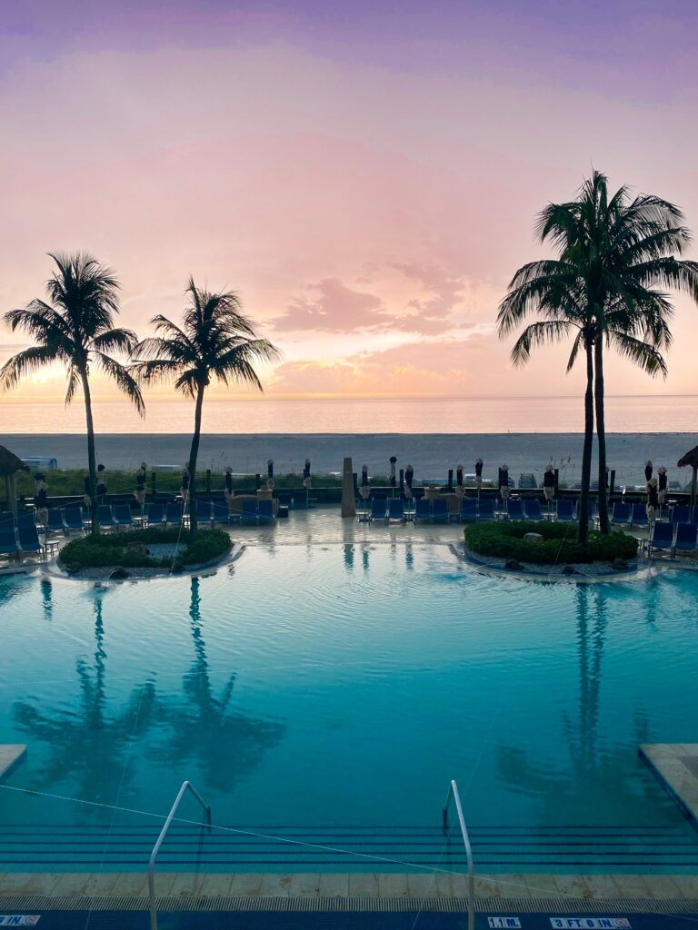 Two palm trees beside a pool with the ocean and a sunset in the background. 