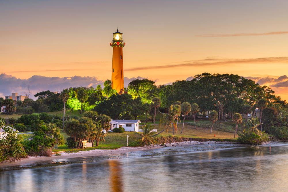 This tall, red lighthouse looks out over the small coastline in Jupiter, Florida, offering insight and perspective to the beaches and sunsets on the East Coast. 