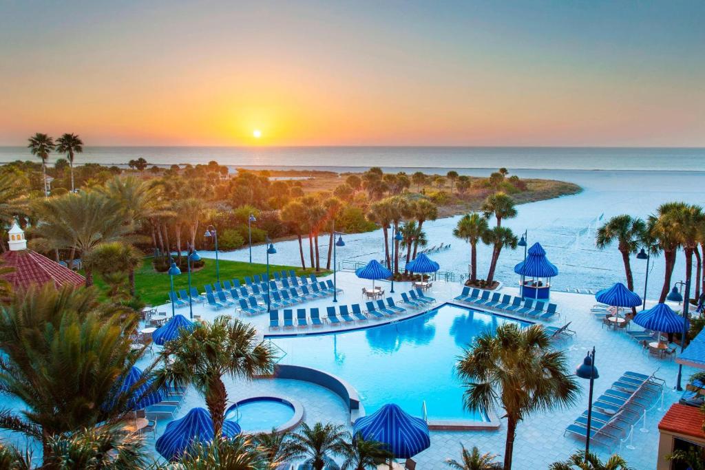 Swimming pool over the ocean with greenery in the background. One of the Florida hotels with a private beach. 