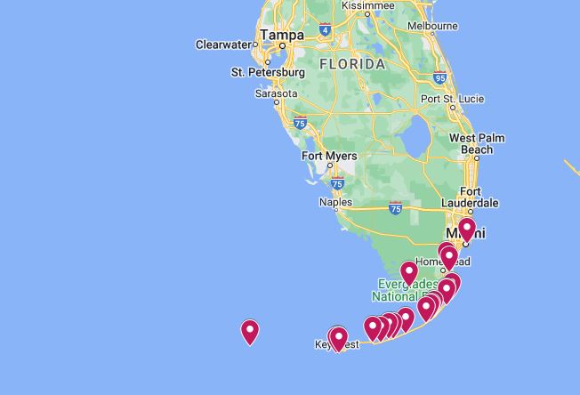 A map of the 20 best stops from miami to key west