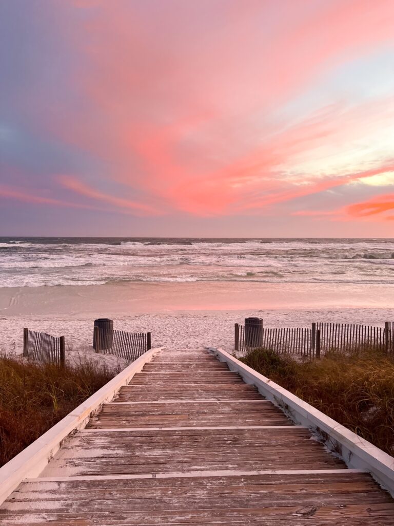 a beach at sunset