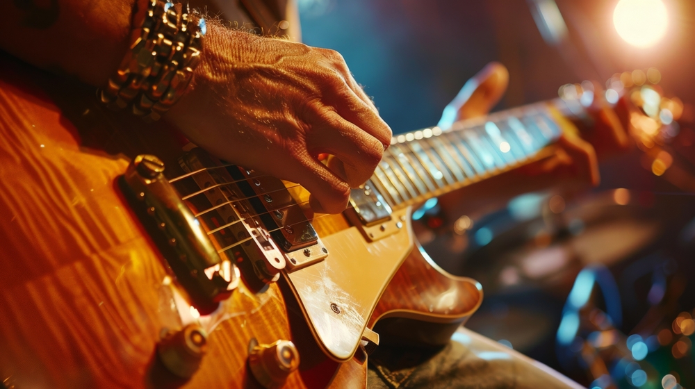 close up photo of a man playing a guitar at a music festival in florida, he is wearing jeans and bracelets 