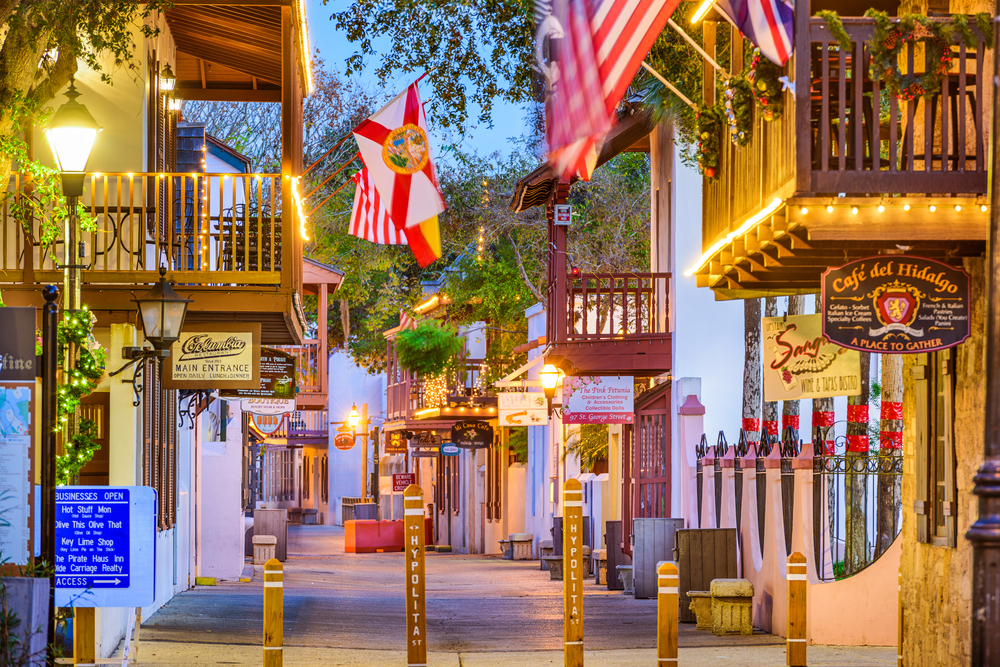 Evening photo of St. George Street, a common route for Saint Augustine ghost tours. 