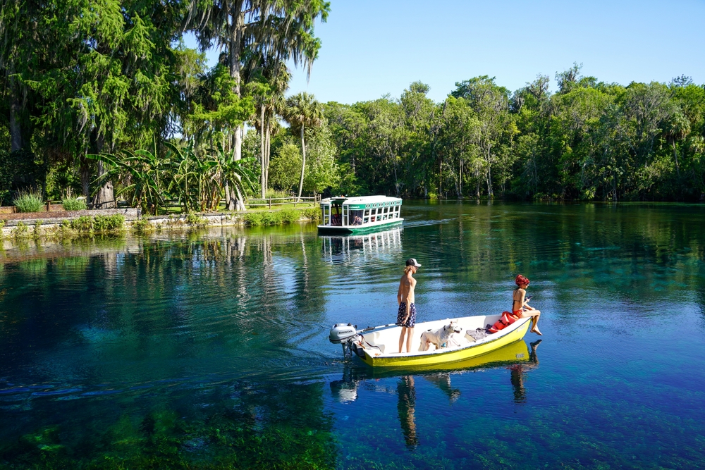 two people and a dog are n a boat in a spring in Florida, there is another boat that holds more people behind them 