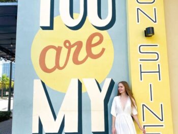 a girl in white dress standing infront of a you are my sunshine mural