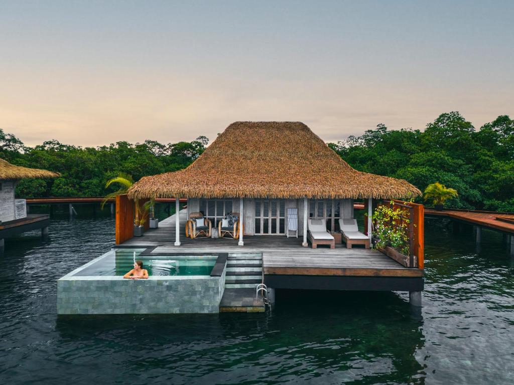 stunning overwater bungalow with a swimming pool and a large deck. one of the overwater bungalows near Florida.