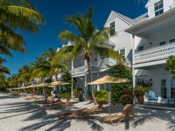 palm trees lining a street in key west florida with white buildings with balconies in the background and a blue sky