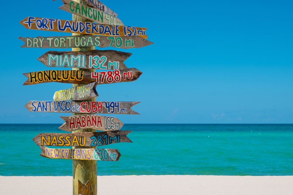 The famous key west sign points directions and milages to other locations on its beach.