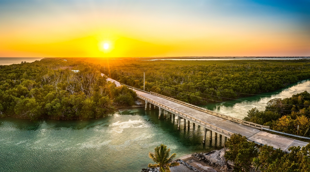 An overhead shot shows the bridge leading into Key West at sunset, the trees and water aglow: driving is a key part of getting here and exploring, so keep it in mind when considering mistakes to avoid in Key West.