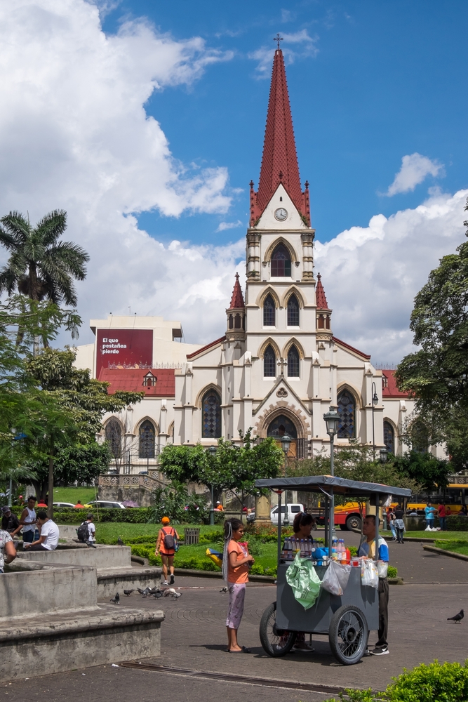 Urban scene with Braulio Carrillo Colina park and La Merced church, in the urban center of the city